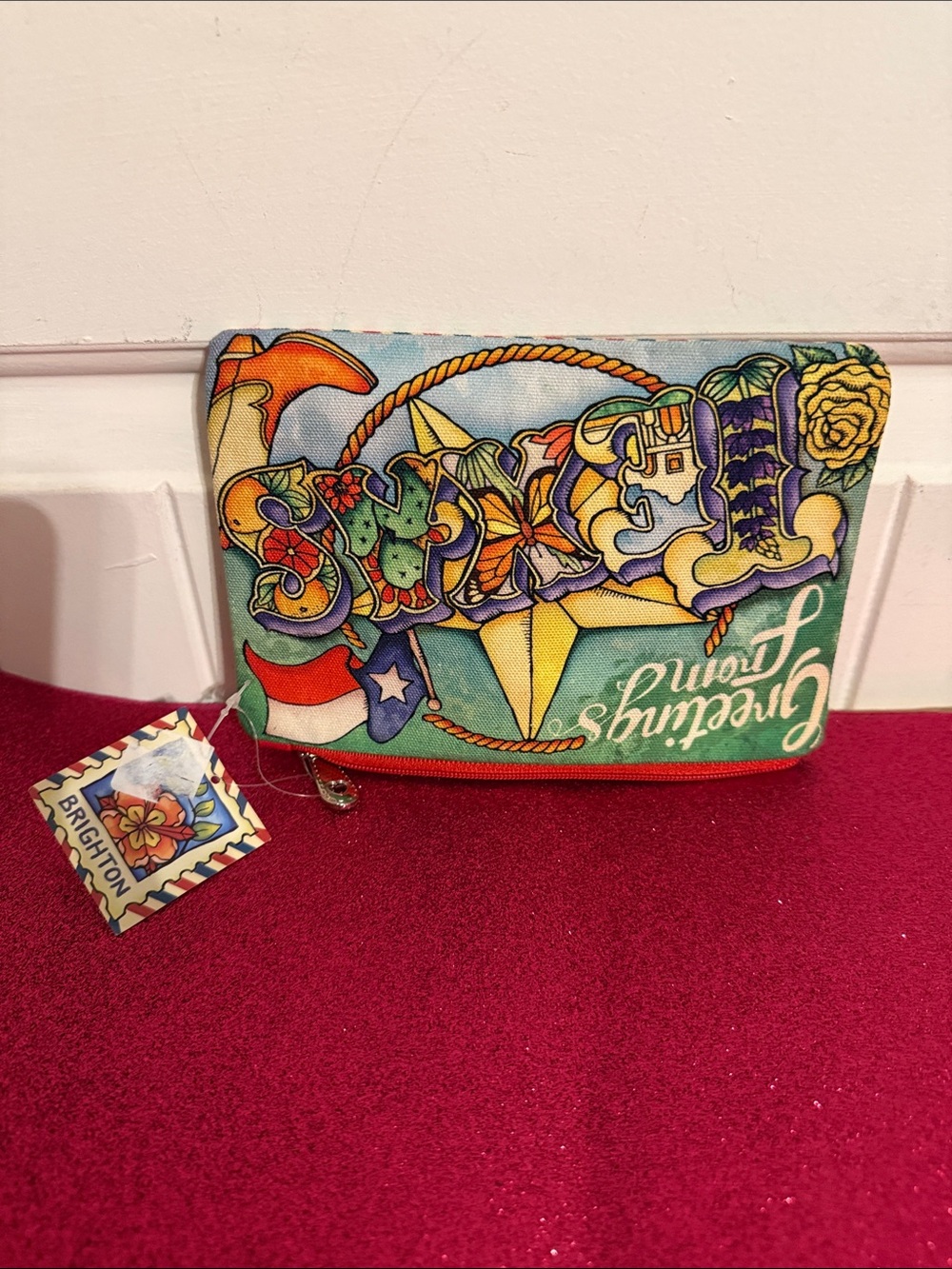 Brighton Beige Zip Pouch with Blue Stars and Red Trim - Picture 6 of 9